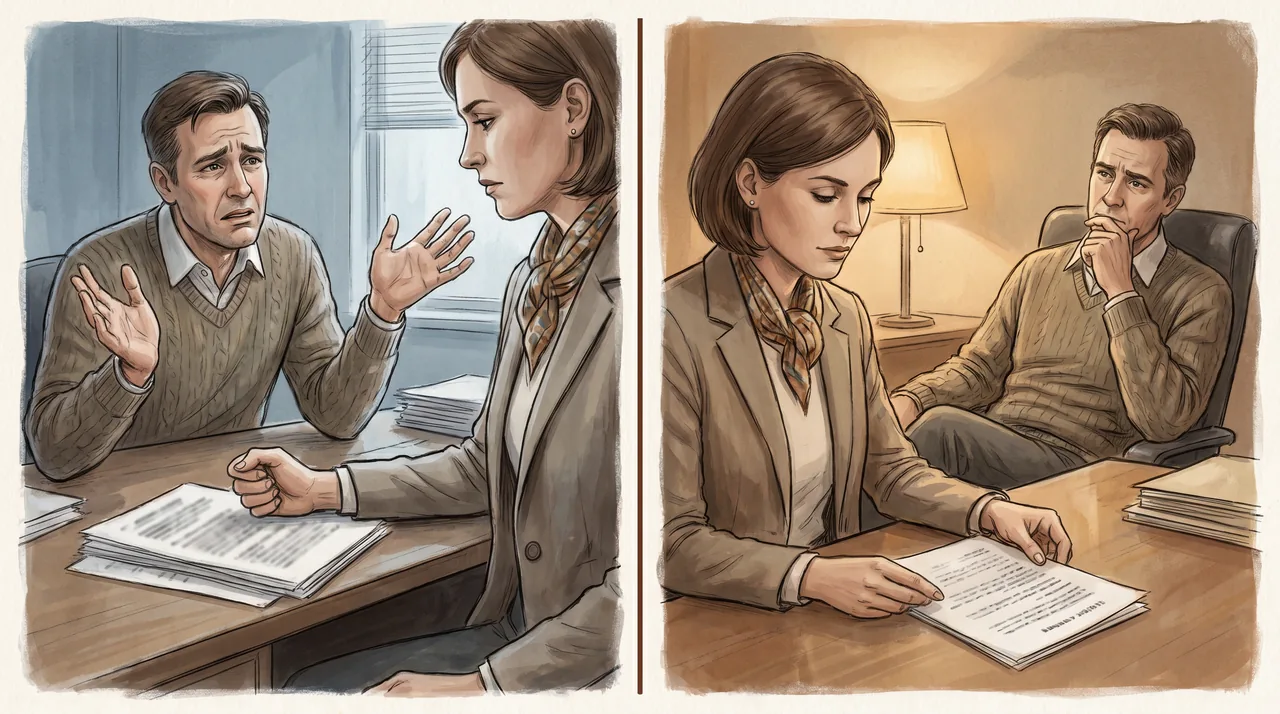 Left: a person across a desk from a manager who says The budget is tight in a speech-bubble callout, the person looks frozen. Right: the same person calm, reading a script line back, and the manager pausing.